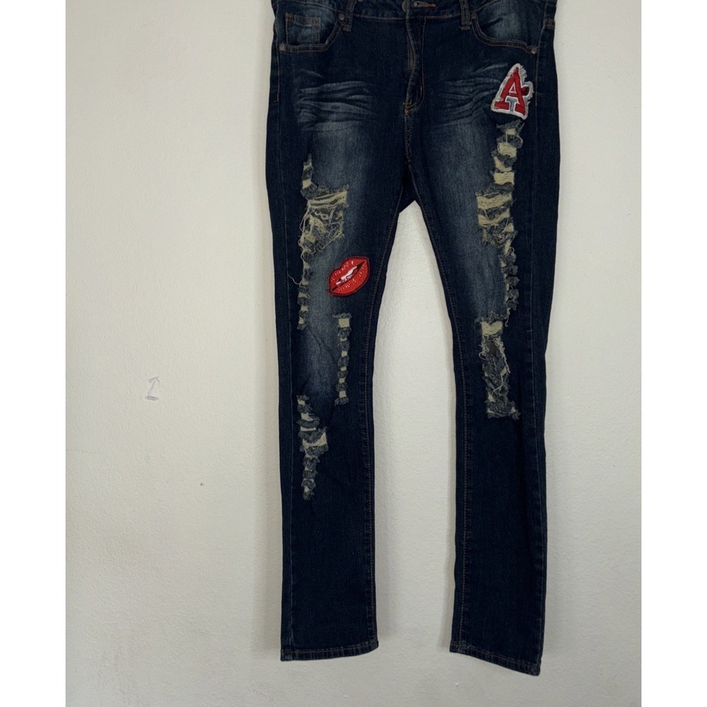 VIP Ladies 13/14 Blue Denim Jeans Distressed Destroyed High Rise Tapered Leg